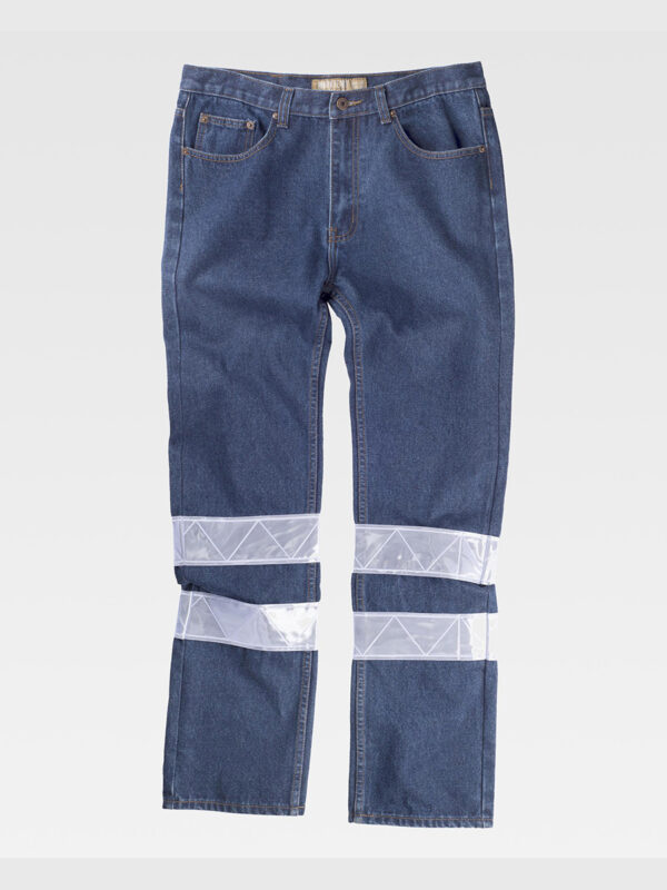 Pantalone da lavoro 5 tasche tessuto denim bande rifrangenti