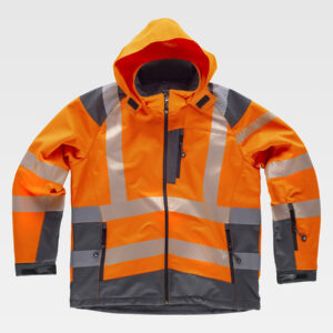 Softshell con cappuccio alta visibilita e bande rifrangenti discontinue