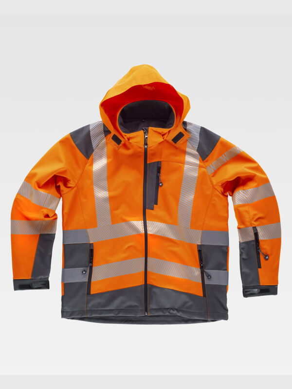 Softshell con cappuccio alta visibilita e bande rifrangenti discontinue