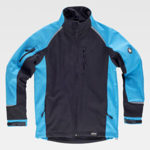 Giacca workshell maniche raglan con rete interna e collo alto.