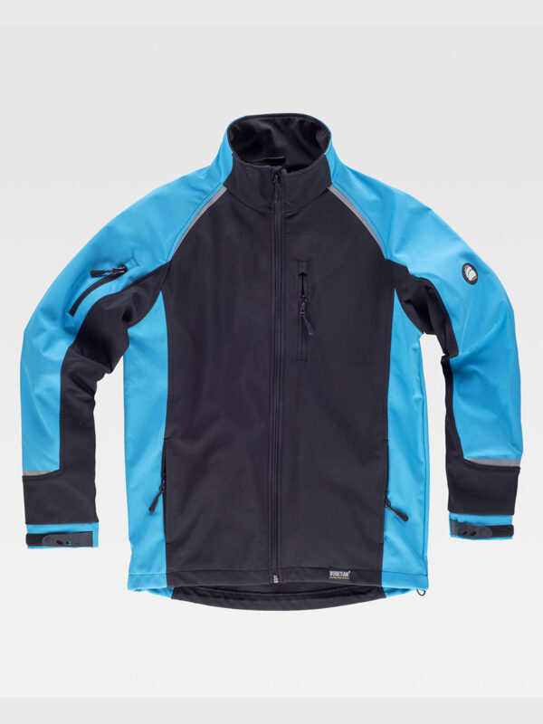 Giacca workshell maniche raglan con rete interna e collo alto.